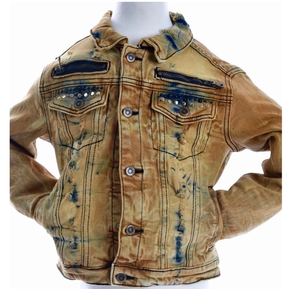 Kids Denim Jacket with Studded Detail - Tan and Blue